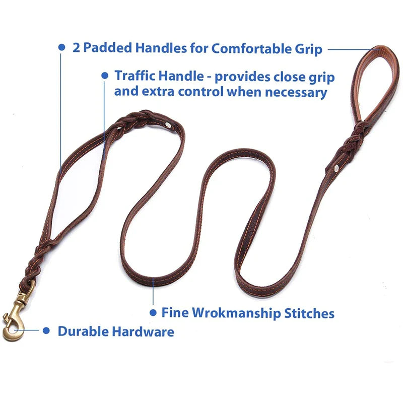 2 Padded Traffic Handles Leather Dog Leash