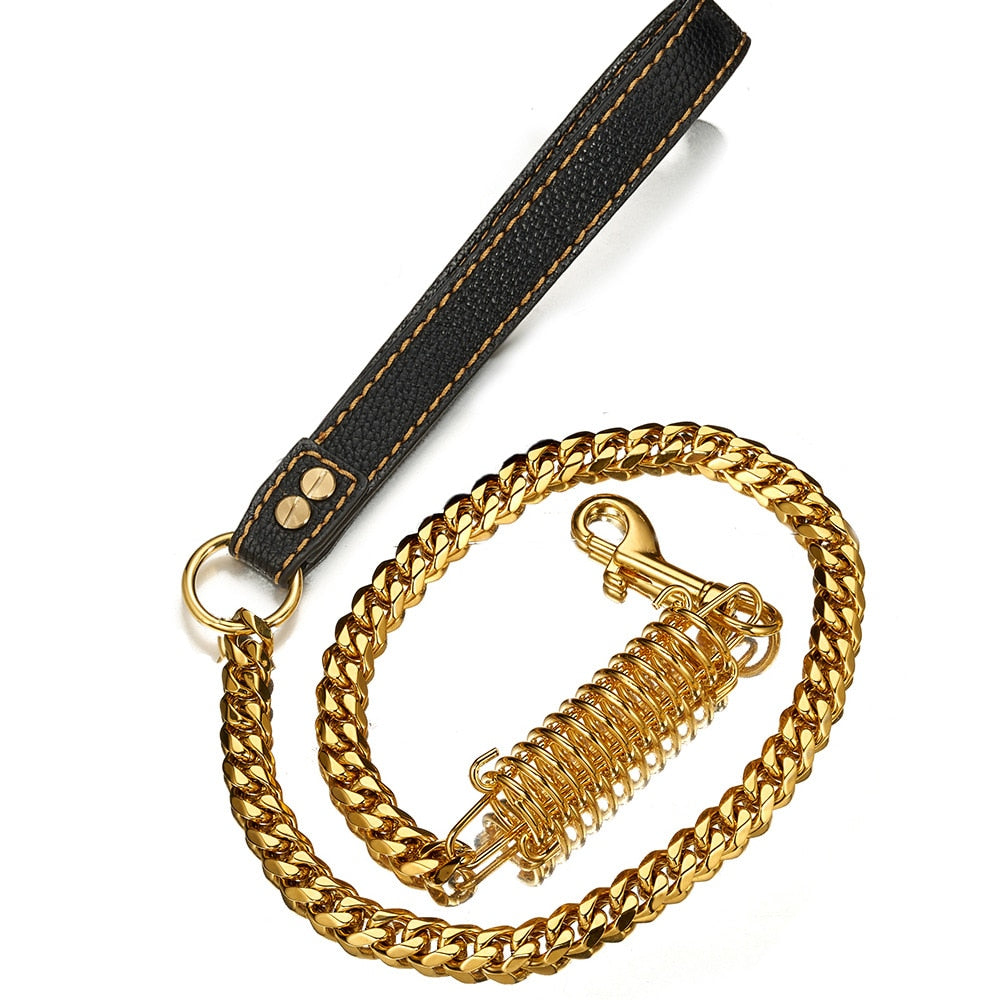 Genuine Leather Gold Metal Dog Leash