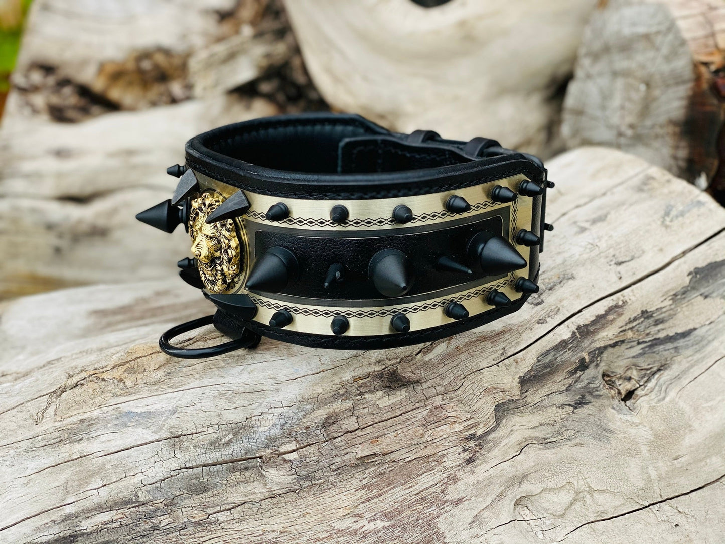 Black Leather Lion Dog Collar