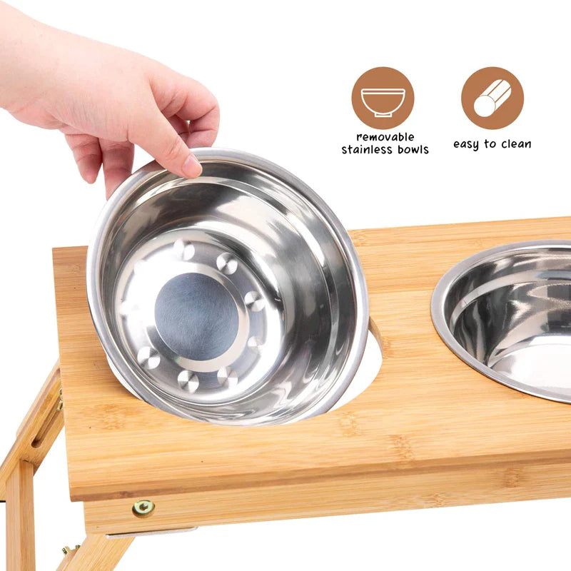 Anti-skidding Bamboo Raised Double Dog Bowls