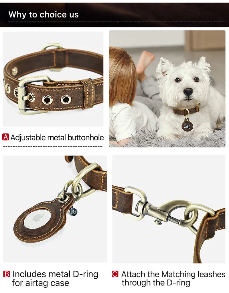 Genuine Leather Dog AirTag Collar