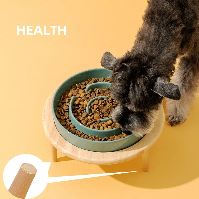 Ceramic Dog Slow Feeder Bowl With Wood Stand
