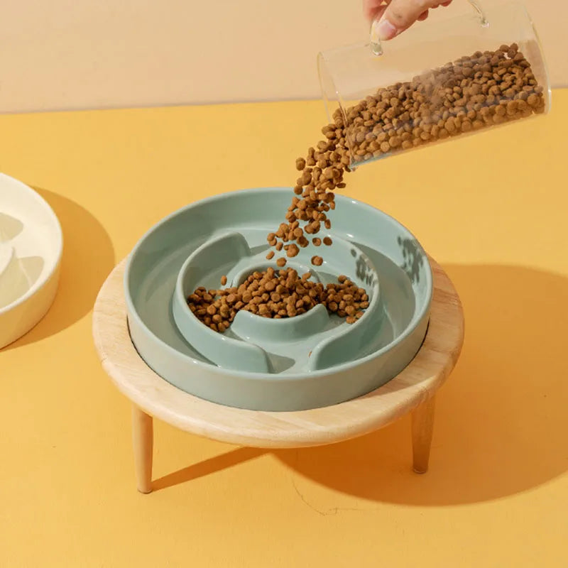 Ceramic Dog Slow Feeder Bowl With Wood Stand