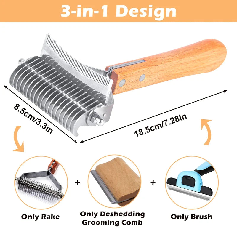 Professional 3-in-1 Deshedding Dog Rake Brush
