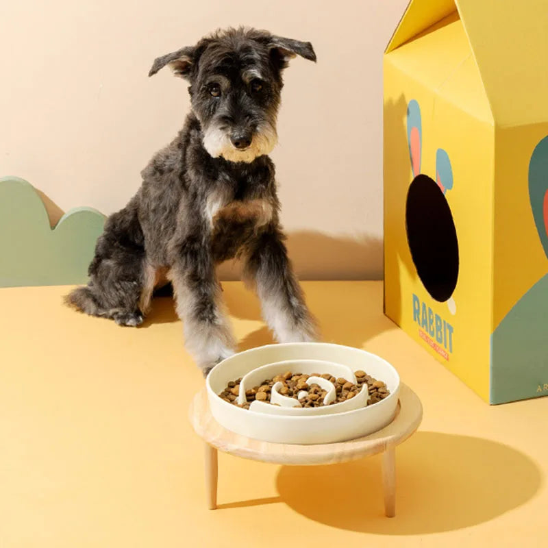 Ceramic Dog Slow Feeder Bowl With Wood Stand