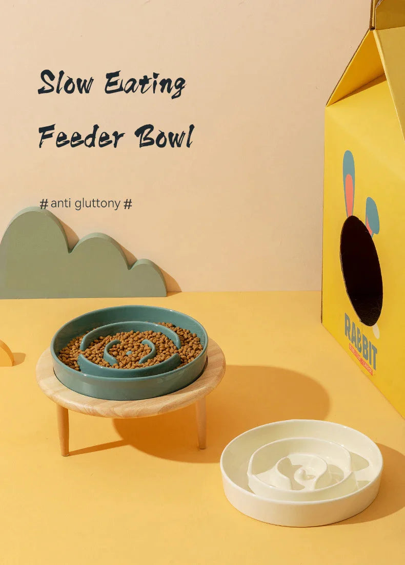 Ceramic Dog Slow Feeder Bowl With Wood Stand