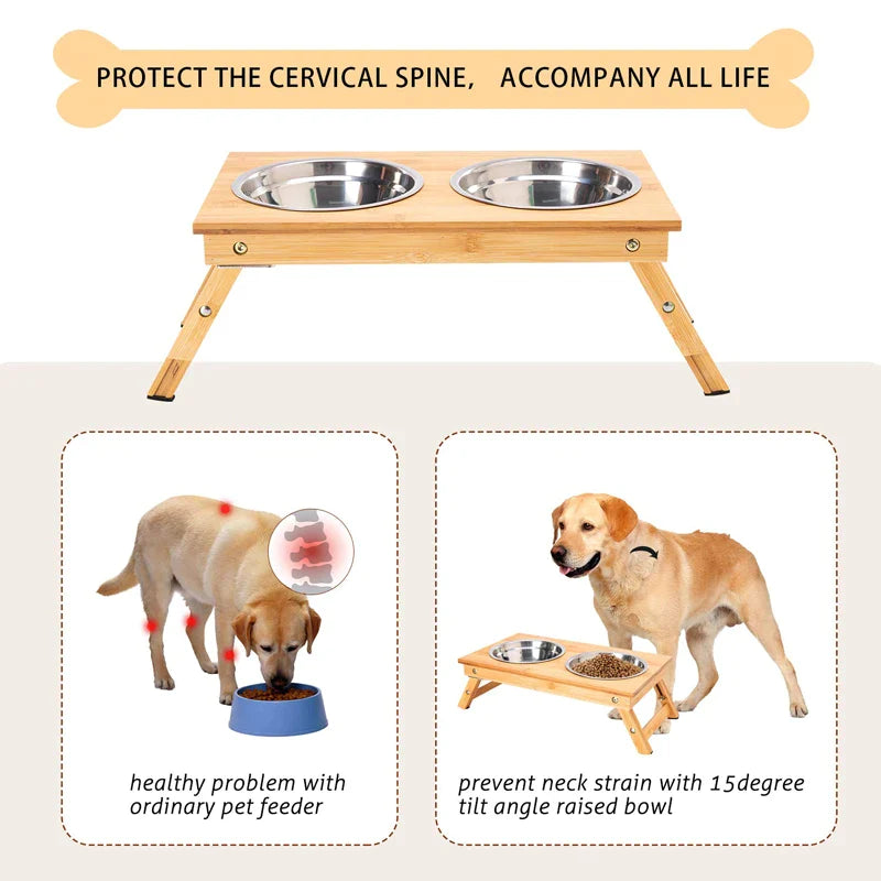 Anti-skidding Bamboo Raised Double Dog Bowls
