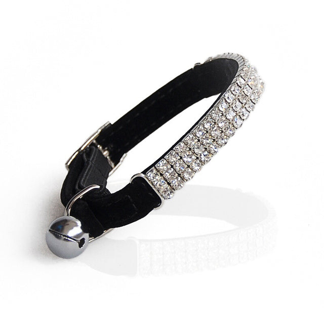Leather Rhinestone Pet Collar With Bell