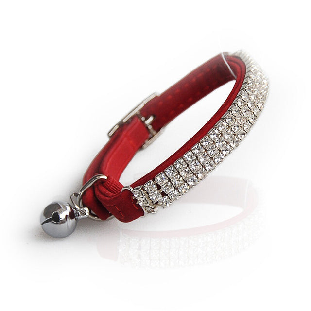 Leather Rhinestone Pet Collar With Bell