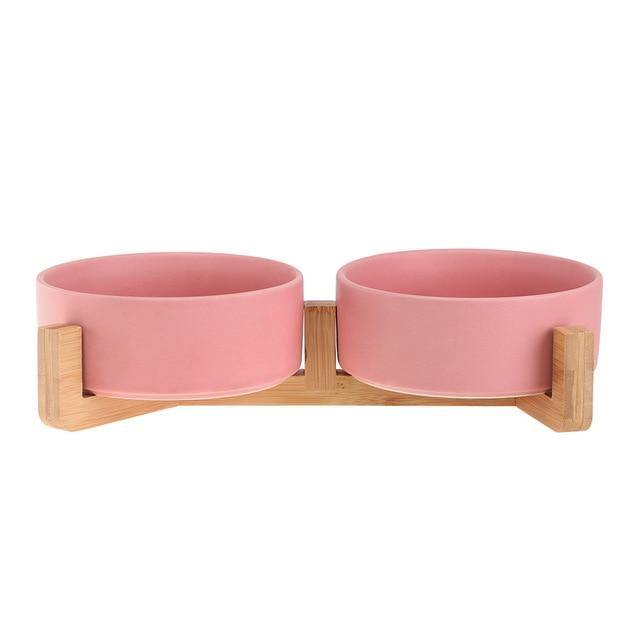 Ceramic Dog Bowl Dish with Wood Stand - Bark ‘n’ Paws