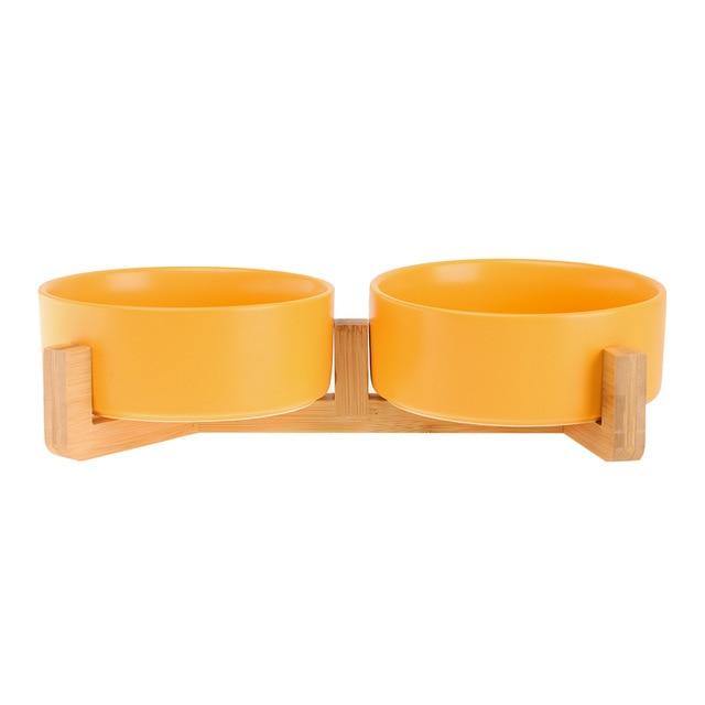 Ceramic Dog Bowl Dish with Wood Stand - Bark ‘n’ Paws