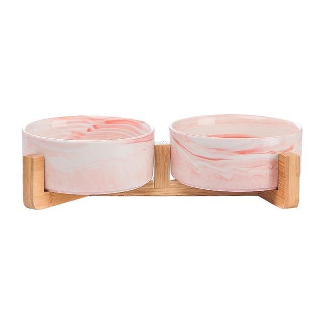 Ceramic Dog Bowl Dish with Wood Stand - Bark ‘n’ Paws
