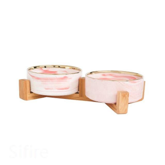 Ceramic Dog Bowl Dish with Wood Stand - Bark ‘n’ Paws