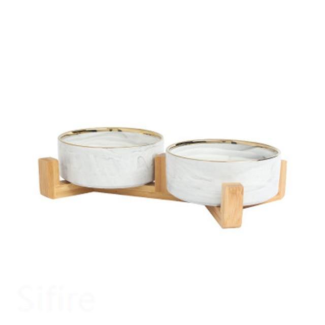 Ceramic Dog Bowl Dish with Wood Stand - Bark ‘n’ Paws