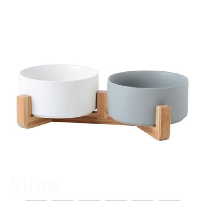 Ceramic Dog Bowl Dish with Wood Stand - Bark ‘n’ Paws