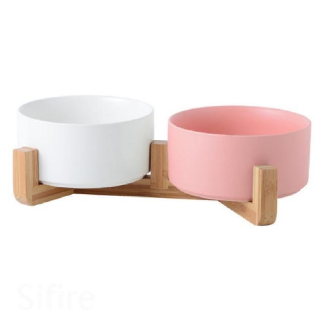 Ceramic Dog Bowl Dish with Wood Stand - Bark ‘n’ Paws