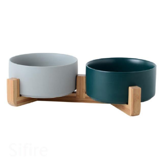 Ceramic Dog Bowl Dish with Wood Stand - Bark ‘n’ Paws