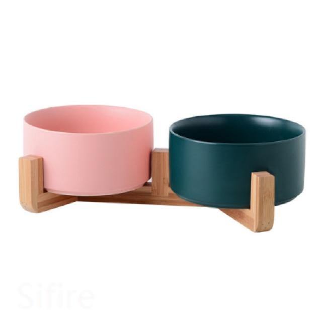 Ceramic Dog Bowl Dish with Wood Stand - Bark ‘n’ Paws