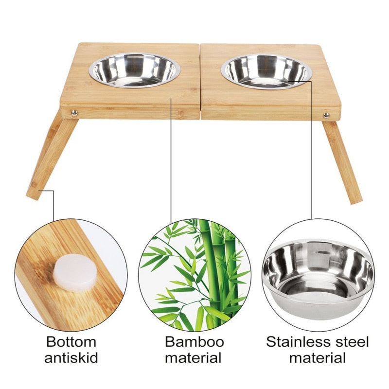 Foldable Bamboo Rack Elevated Dog Bowl