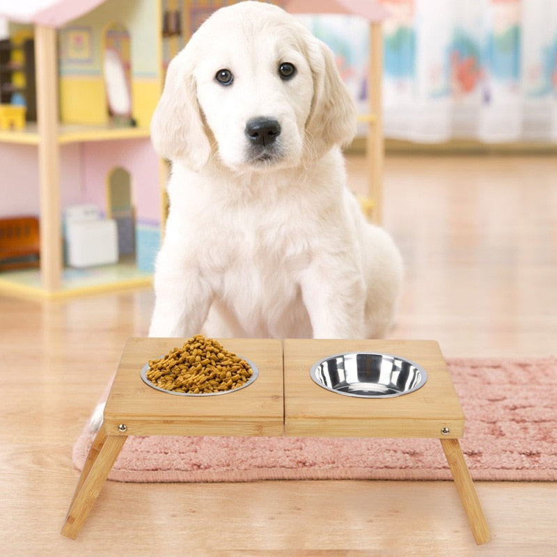 Foldable Bamboo Rack Elevated Dog Bowl