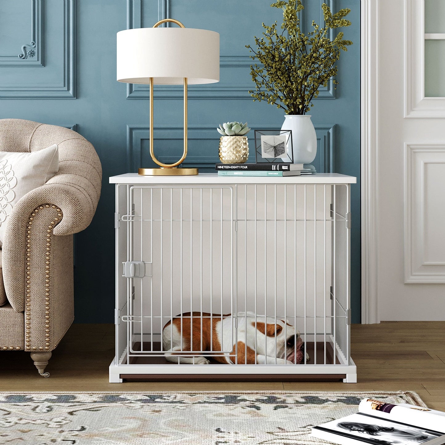 Elegant Wooden Structure White Dog Cage