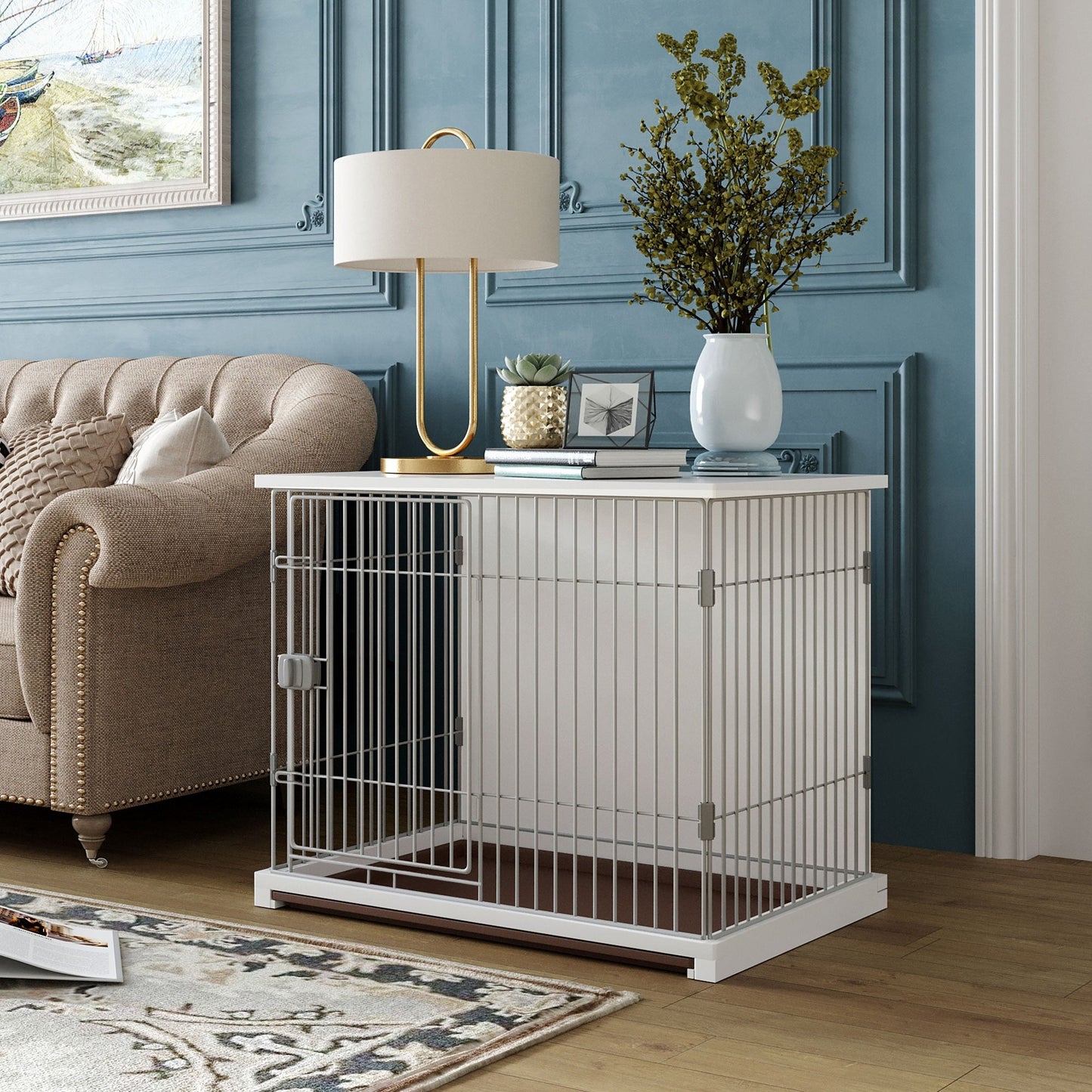 Elegant Wooden Structure White Dog Cage
