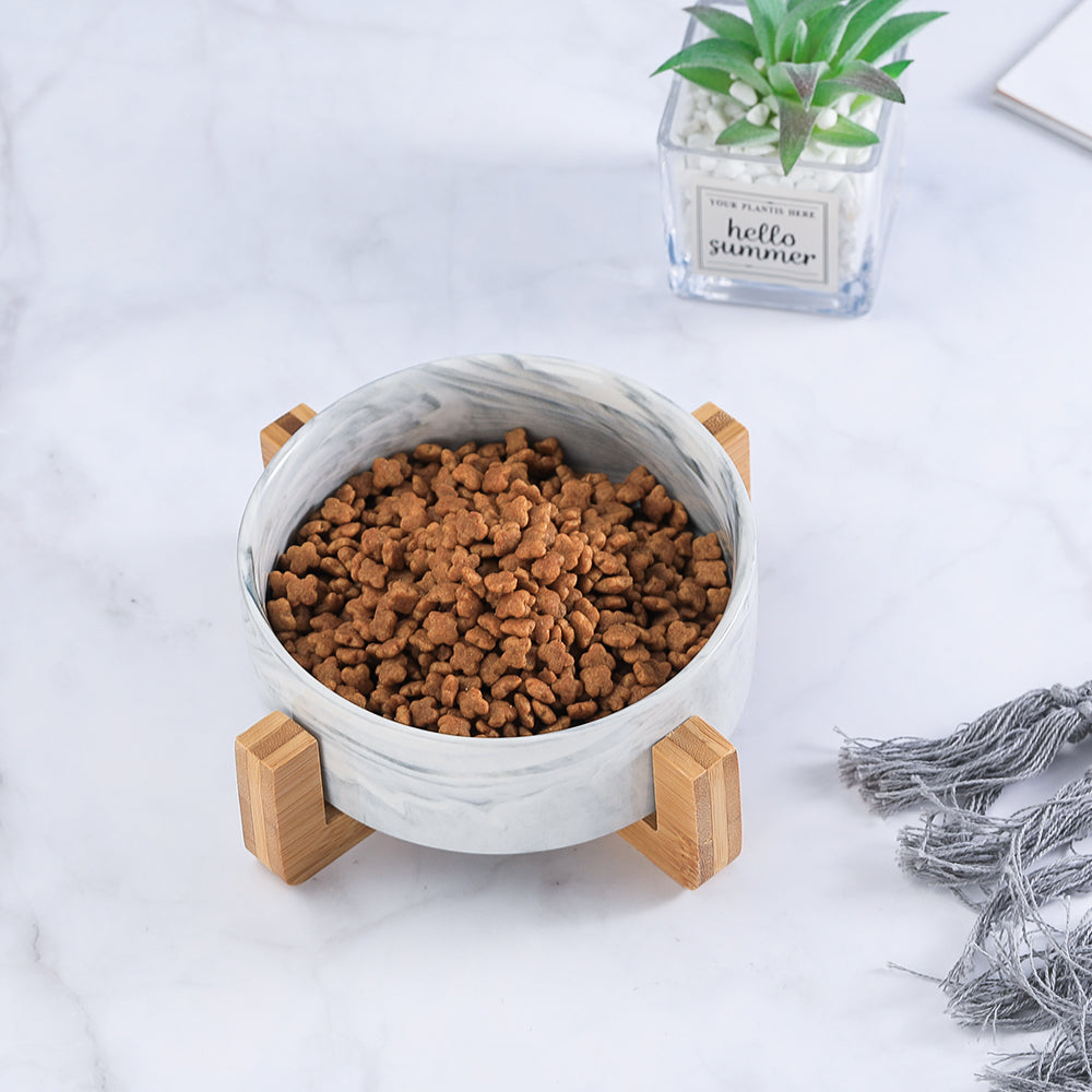 Ceramic Dog Bowl Dish with Wood Stand