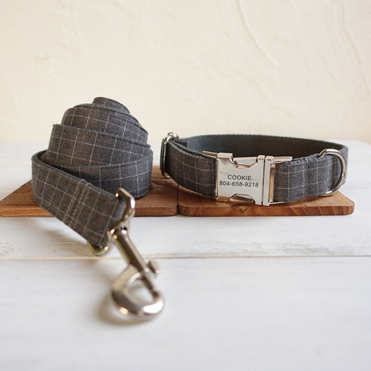 GREY GRID Engraved Dog Collar