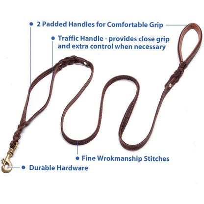 2 Padded Traffic Handles Leather Dog Leash