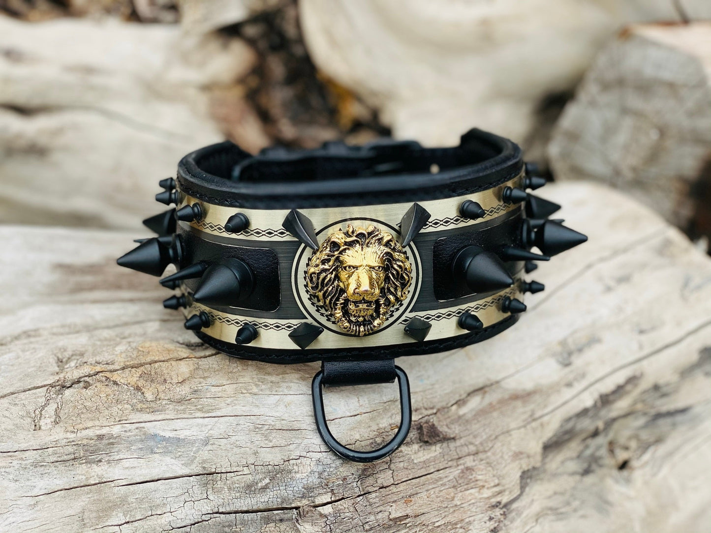 Black Leather Lion Dog Collar