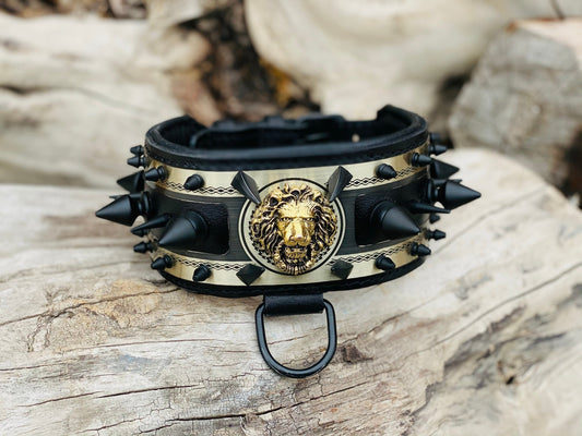 Black Leather Lion Dog Collar