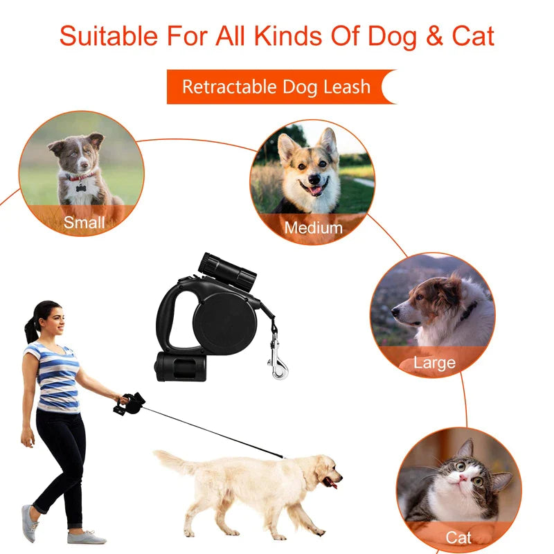 Retractable Dog Leash With Poop Bag Holder