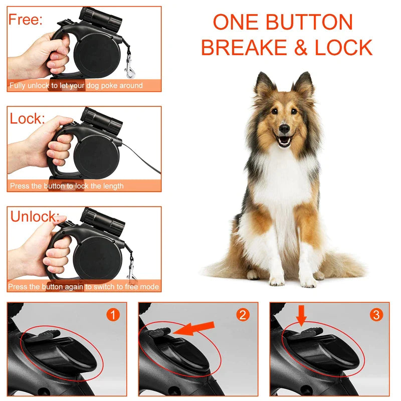 Retractable Dog Leash With Poop Bag Holder