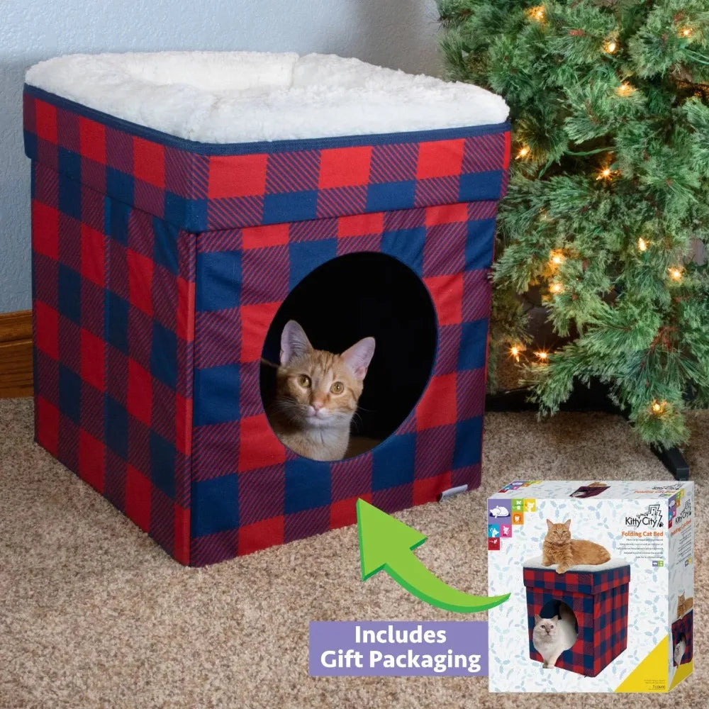 Holiday Plaid Folding Cat Bed