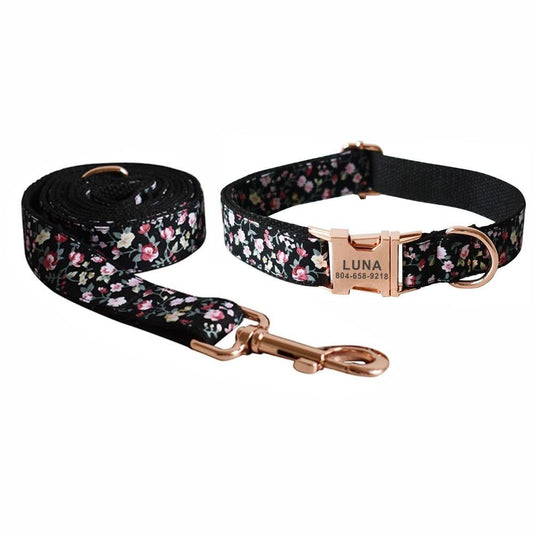 BLACK FLOWER Engraved Pet Collar - Bark ¡®n¡¯ Paws