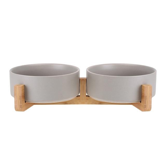 Ceramic Dog Bowl Dish with Wood Stand - Bark ‘n’ Paws