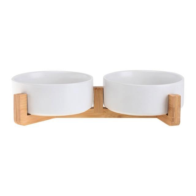 Ceramic Dog Bowl Dish with Wood Stand - Bark ‘n’ Paws