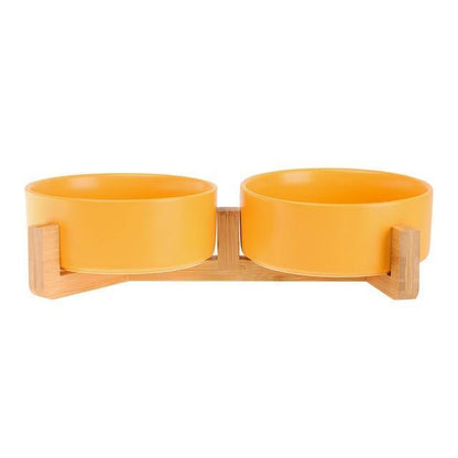 Ceramic Dog Bowl Dish with Wood Stand - Bark ‘n’ Paws