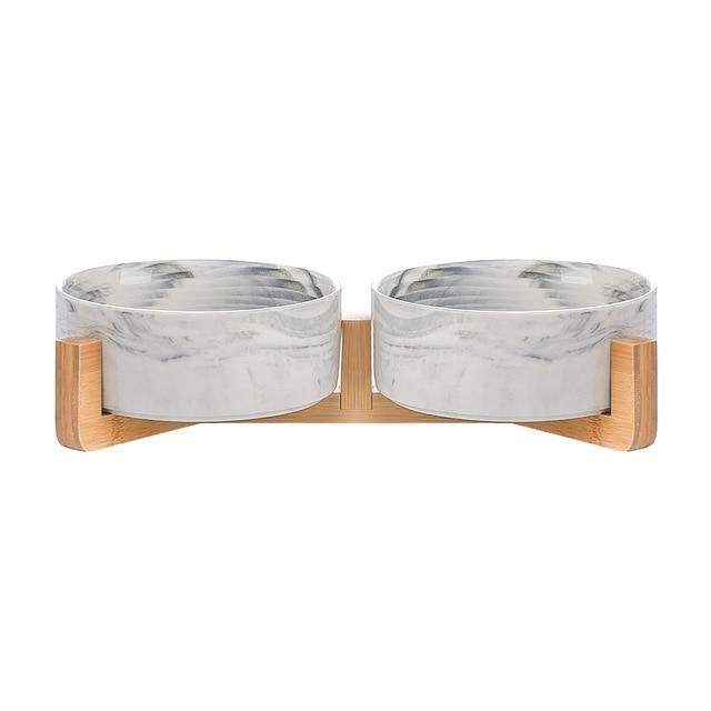 Ceramic Dog Bowl Dish with Wood Stand - Bark ‘n’ Paws