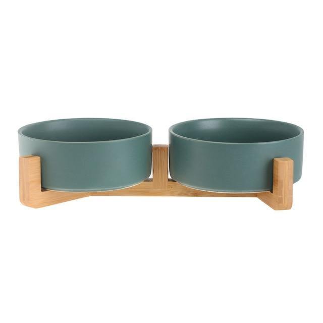 Ceramic Dog Bowl Dish with Wood Stand - Bark ‘n’ Paws