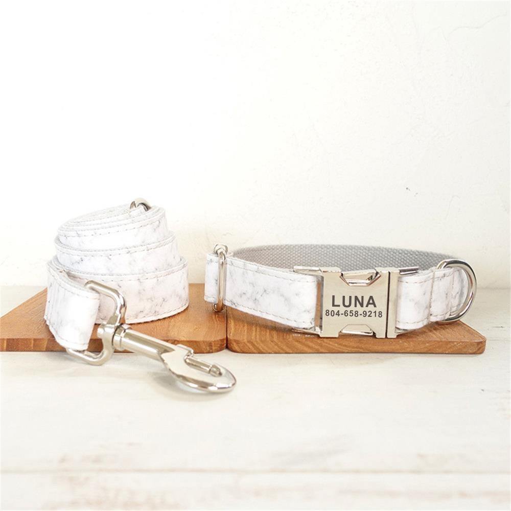 WHITE MARBLE Engraved Pet Collar - Bark ¡®n¡¯ Paws