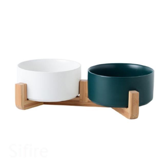 Ceramic Dog Bowl Dish with Wood Stand - Bark ‘n’ Paws