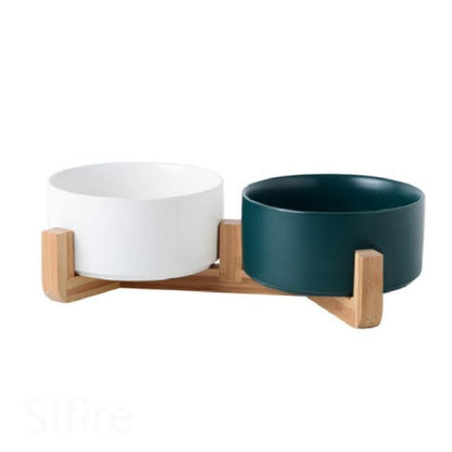 Ceramic Dog Bowl Dish with Wood Stand - Bark ‘n’ Paws
