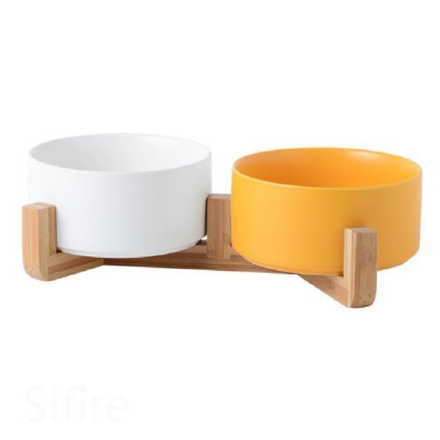 Ceramic Dog Bowl Dish with Wood Stand - Bark ‘n’ Paws