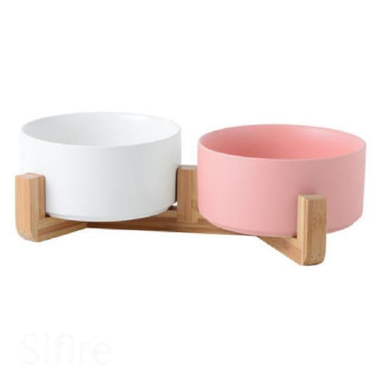 Ceramic Dog Bowl Dish with Wood Stand - Bark ‘n’ Paws