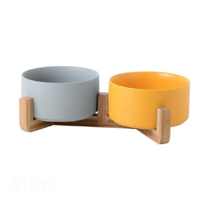 Ceramic Dog Bowl Dish with Wood Stand - Bark ‘n’ Paws