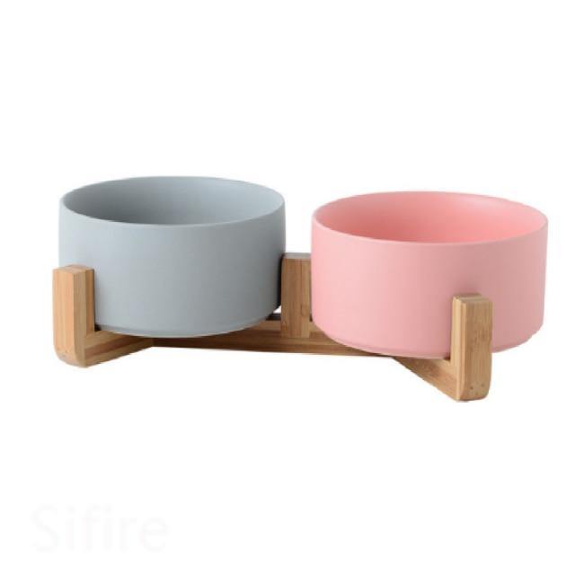 Ceramic Dog Bowl Dish with Wood Stand - Bark ‘n’ Paws