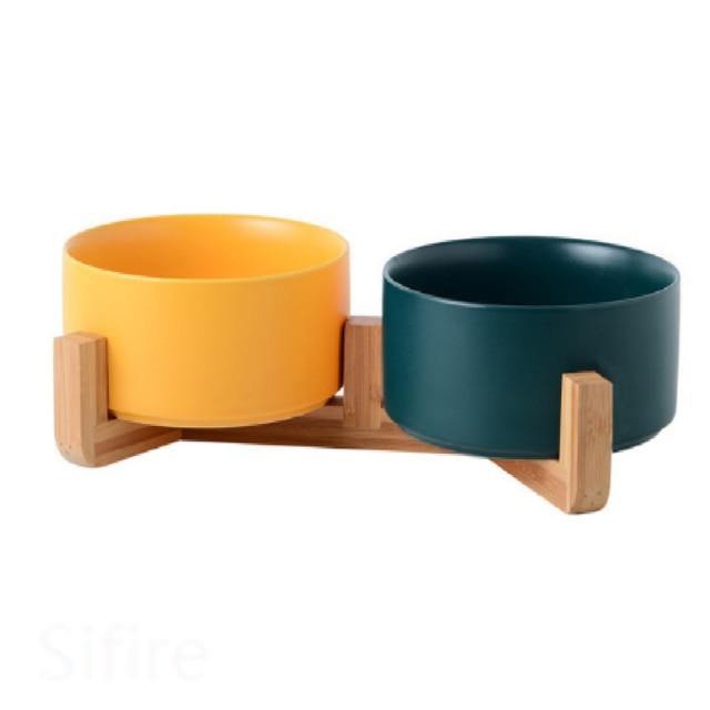 Ceramic Dog Bowl Dish with Wood Stand - Bark ‘n’ Paws