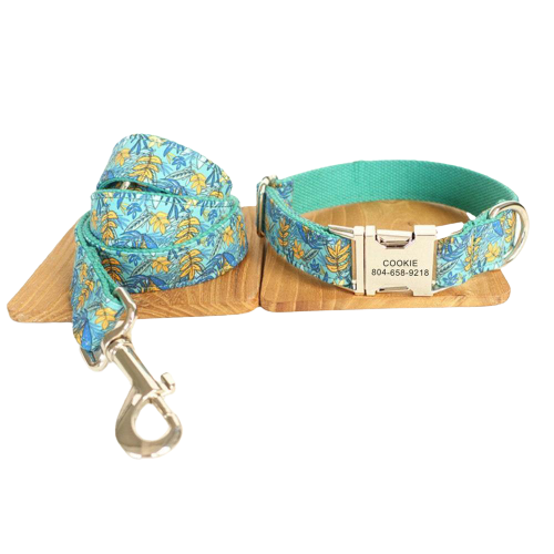 GREEN FLOWERS Engraved Pet Collar