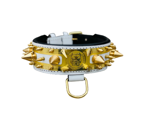 White Gold Bulldog Leather Dog Collar